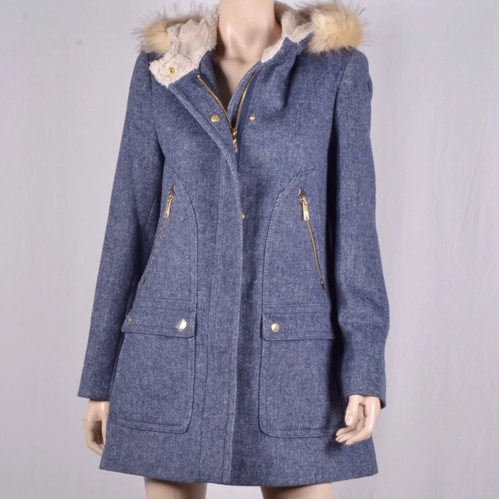 Sam Edelman Wool Blend Coat Navy Faux Fur Hood Sherpa Lined Parka Jacket S‎